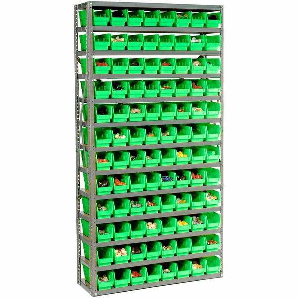 Global Industrial Steel Shelving with 96 4inH Plastic Shelf Bins Green, 36x12x72-13 Shelves 603443GN